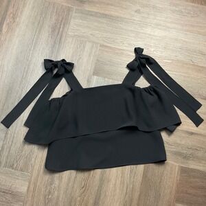 Amanda Uprichard Ruffle Bow Tie Square Neck Classy Top Womens Petite Small Black